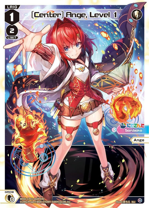 A vibrant trading card from the Collab Booster series depicts "[Center] Ange, Level 1 (Parallel Foil) (WXDi-CP01-060P[EN]) [Collab Booster: Nijisanji Diva]" by TOMY, a red-haired Nijisanji Diva in dynamic motion casting a magical spell with a fiery rune in her left hand. She wears a detailed outfit with red, gold, and white elements, holding an open book in her right hand. Sparks and mystical symbols surround her.

