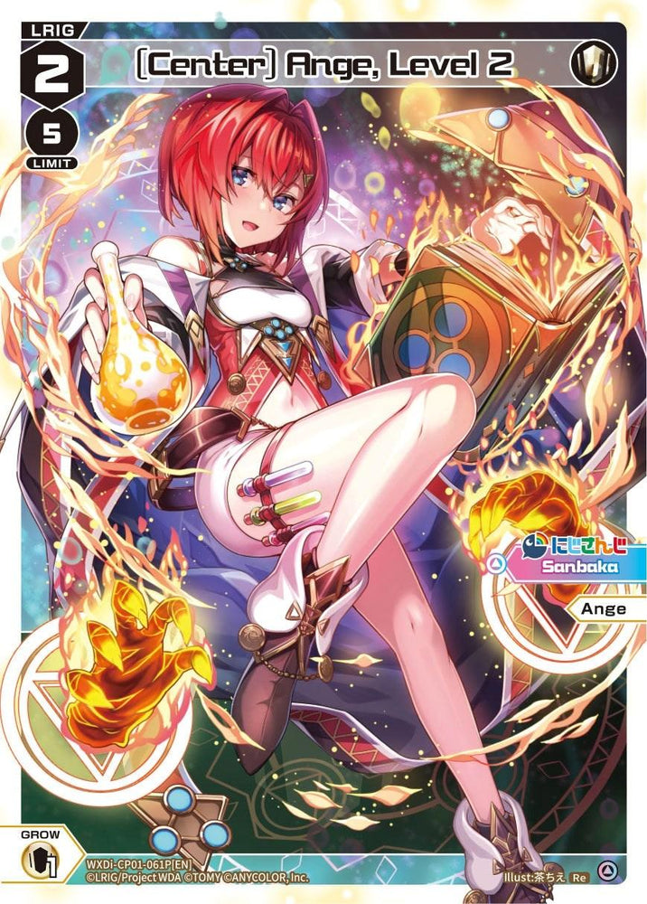 A digital trading card featuring a red-haired female character in elaborate attire. She holds a flask with glowing liquid in one hand and an open book in the other, with colorful, magical symbols surrounding her. Text on the card reads "[Center] Ange, Level 2 (Parallel Foil) (WXDi-CP01-061P[EN]) [Collab Booster: Nijisanji Diva]" along with various symbols and stats. The brand name is TOMY.