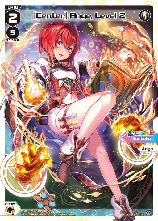 A digital trading card featuring a red-haired female character in elaborate attire. She holds a flask with glowing liquid in one hand and an open book in the other, with colorful, magical symbols surrounding her. Text on the card reads "[Center] Ange, Level 2 (Parallel Foil) (WXDi-CP01-061P[EN]) [Collab Booster: Nijisanji Diva]" along with various symbols and stats. The brand name is TOMY.
