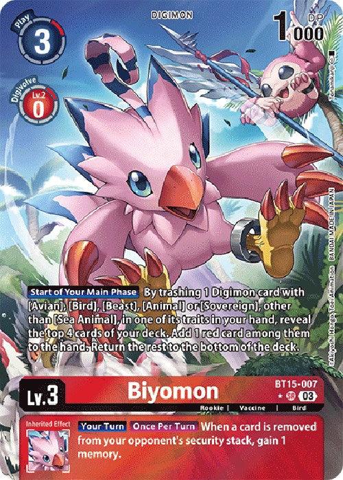 A Super Rare Digimon card featuring Rookie Biyomon, a pink bird-like creature with blue eyes, stands in a determined pose amidst leaves with a smaller creature above. The card has a blue border and text detailing its effects: by trashing a Digimon with certain traits, you can manipulate cards. This is the Biyomon [BT15-007] (Alternate Art) [Exceed Apocalypse] from Digimon.