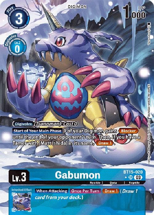 A Digimon card, Gabumon [BT15-020] (Alternate Art) [Exceed Apocalypse], featuring Gabumon in a snowy environment. Gabumon is a blue reptile with a yellow underbelly, wearing a wolf pelt. The card details include its level 3, rookie, reptile type, and digivolution cost. Special abilities listed are drawing cards and gaining Blocker status.