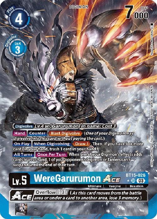 A super rare digital card for the character "WereGarurumon Ace [BT15-026] (Alternate Art) [Exceed Apocalypse]" from the Digimon card game. The card features an image of a fierce, bipedal wolf-like creature with glowing red eyes, wielding lightning. With a play cost of 4, it's a level 5 blue Digimon boasting 7000 DP and unique special abilities and effects perfect for any Exceed Apocalypse deck.