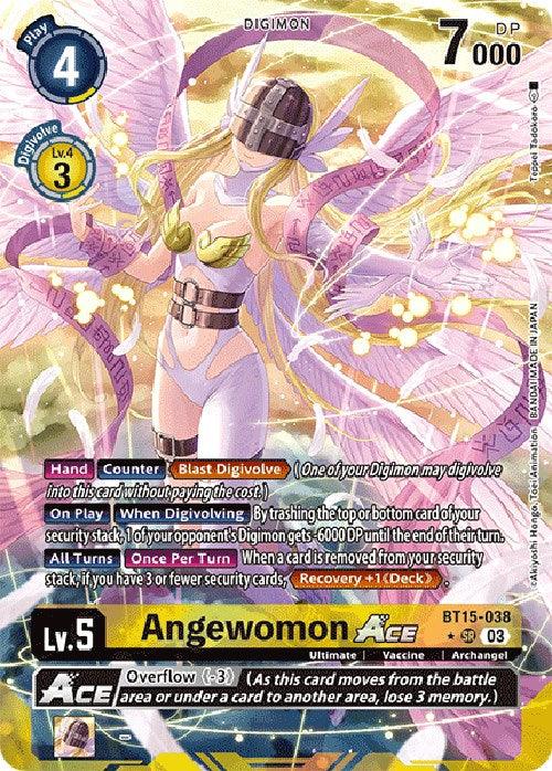 A Super Rare Digimon card showcasing Angewomon Ace [BT15-038] (Alternate Art) [Exceed Apocalypse], a Winged Archangel with blonde hair, a white helmet, and pink, feathered wings. The card displays her stats: Play 4, DP 7000, and Lv. 5. Key abilities include Blast Digivolve, Security -1, and Overflow -3. Card description text occupies the bottom half.