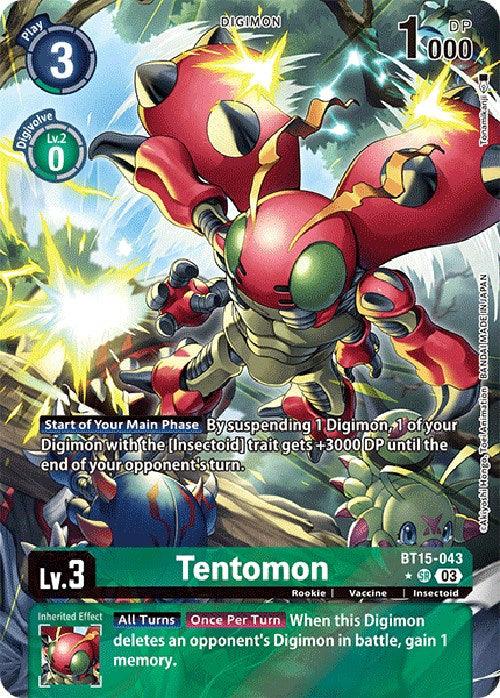 A Tentomon [BT15-043] (Alternate Art) [Exceed Apocalypse] Digimon trading card featuring Tentomon, a red and green-armored insectoid creature. The card details include its type as Rookie, attribute as Vaccine, and level as 3 with 1000 DP. The card's special effects are described at the bottom, with colorful graphics in the background from Exceed Apocalypse series.