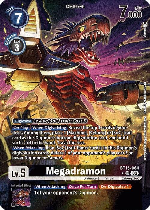 A Digimon card titled "Megadramon [BT15-064] (Alternate Art) [Exceed Apocalypse]" displaying a fierce red and black cyborg dragon with metallic features, sharp claws, and wings. The Super Rare card has stats including a Play Cost of 7, 7000 DP power, and Digivolution costs. Special abilities and digivolution effects are detailed in the text.