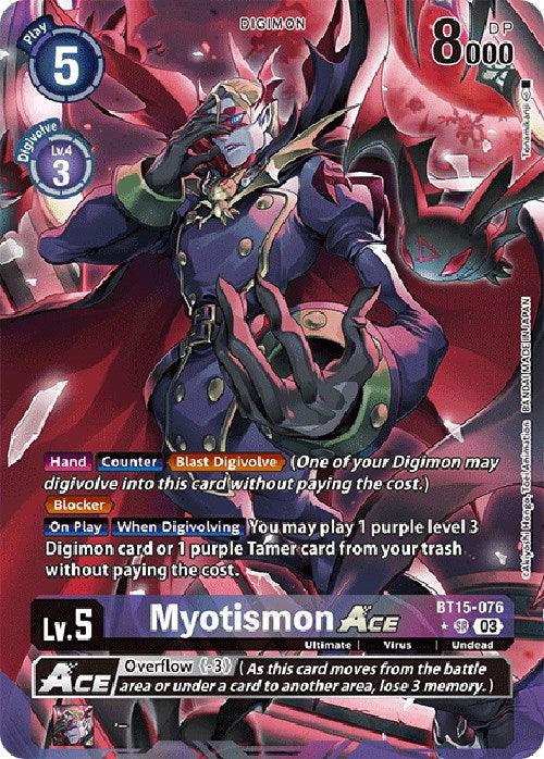 A Digimon card features Myotismon, a menacing creature with a vampire-like appearance, red eyes, and tattered wings. The Super Rare card states it has 8000 DP, is a level 5 Ultimate with an Ace type. Key abilities include "Overflow," "Blocker," and "Blast Digivolve." The card is numbered BT15-076. This specific version is the Myotismon Ace [BT15-076] (Alternate Art) [Exceed Apocalypse] from the Digimon brand.