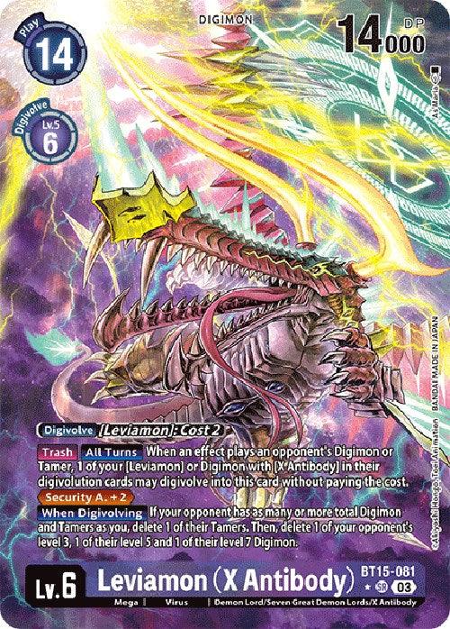 A Super Rare Digimon trading card featuring Leviamon (X Antibody) [BT15-081] (Alternate Art) [Exceed Apocalypse], Level 6, boasting 14,000 DP. The vibrant artwork showcases a red, dragon-like creature with sharp teeth and spikes in a dynamic pose against a mystical backdrop. Various stats and abilities are displayed in text blocks around the image.