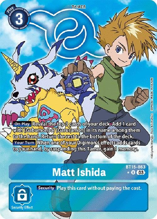 A Digimon Matt Ishida [BT15-083] (Alternate Art) [Exceed Apocalypse] card features a blond boy named "Matt Ishida" with a playful, wolf-like Digimon beside him. The boy, in his blue shirt and green pants, sits on a rock. The card has a blue border with details at the bottom, including play points and special effects in white and blue text.
