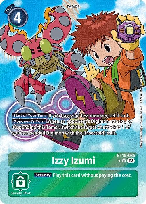 A Digimon card featuring Izzy Izumi, a young boy with spiky hair, holding a device, and an insectoid trait Digimon. The Tamer card is labeled "Play Cost: 4" and "Izzy Izumi [BT15-085] (Alternate Art) [Exceed Apocalypse]." Izzy's effects and security abilities are detailed in the text on the card. The background is a blue sky with clouds.