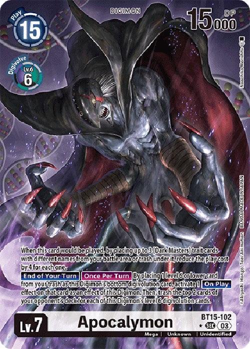 A menacing creature, Apocalymon [BT15-102] (Alternate Art) [Exceed Apocalypse], fills the Secret Rare Digimon card. It has a mechanical and monstrous appearance, with four sharp claws, dark gray skin, and a sinister expression. Its body is partially covered in a red cloak. The card details include various stats, abilities, and text in the borders.