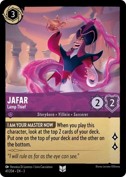 The Disney Lorcana trading card titled "Jafar - Lamp Thief (41/204) [Into the Inklands]" is shown. Depicting Jafar with a mischievous grin while holding a golden lamp, this 2/2 card falls under the Storyborn, Villain, and Sorcerer categories. The text features his iconic phrase, "I Am Your Master Now," which highlights his ability to manipulate the top cards of the deck.