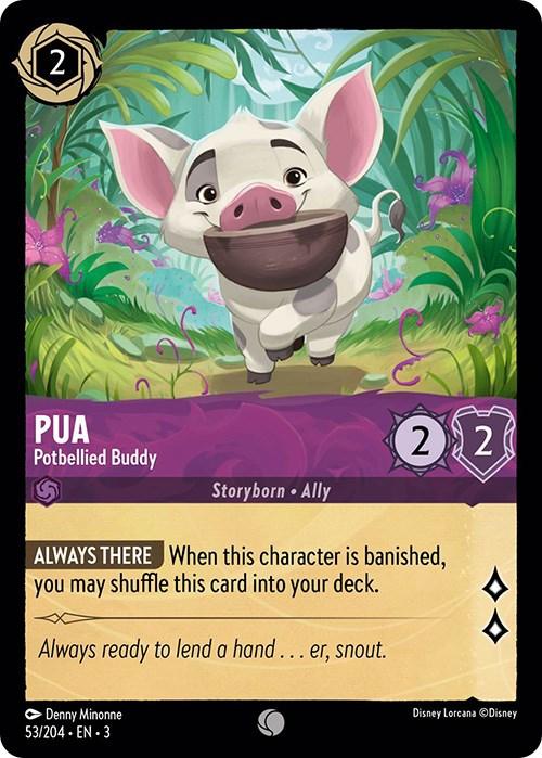 The Disney card, "Pua - Potbellied Buddy (53/204) [Into the Inklands]," shows Pua with a gleeful look, surrounded by lush foliage and pink flowers. This Common card features 2 attack and 2 defense and reads: "Always ready to lend a hand … er, snout.