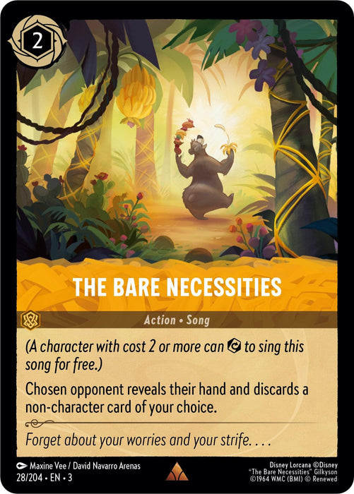 A Rare Disney Lorcana card titled "The Bare Necessities (28/204) [Into the Inklands]" features a joyful bear character dancing in a vivid jungle. This Action - Song type card, with a cost of 2, allows a character to sing for free and makes an opponent discard a card. Artist and copyright details are at the bottom.