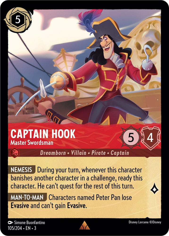 A Rare Captain Hook - Master Swordsman (105/204) [Into the Inklands] card from Disney shows the character in an action pose with a fencing sword and a hook. The Master Swordsman has attributes listed: 5 cost, 5 attack, and 4 defense. It includes special abilities "Nemesis" and "Man-to-Man." The card is number 105/204, illustrated by Simone Buonfantino.