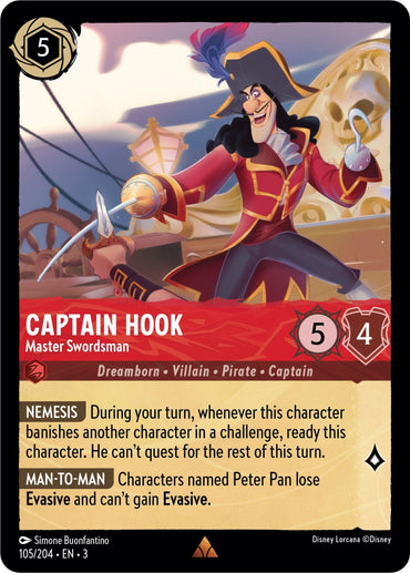 A Rare Captain Hook - Master Swordsman (105/204) [Into the Inklands] card from Disney shows the character in an action pose with a fencing sword and a hook. The Master Swordsman has attributes listed: 5 cost, 5 attack, and 4 defense. It includes special abilities "Nemesis" and "Man-to-Man." The card is number 105/204, illustrated by Simone Buonfantino.