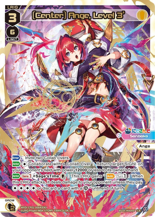 A colorful card features Ange, a red-haired anime character with fox ears, dressed in a dynamic, magical outfit. She holds a large paintbrush, surrounded by vibrant, swirling paint splatters. The card text details her abilities and stats as an LRIG in the Collab Booster set. Bright, lively design elements adorn the background of [Center] Ange, Level 3 (LR) (WXDi-CP01-006R[EN]) [Collab Booster: Nijisanji Diva] by TOMY.