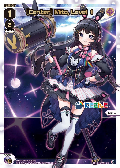 A colorful trading card features a character named Mito, a Nijisanji Diva, dressed in an elaborate black-and-pink outfit with bunny ears and a starry background. She holds a large black hammer adorned with bows and ribbons. Text indicates "[Center] Mito, Level 1 (LR) (WXDi-CP01-010R[EN]) [Collab Booster: Nijisanji Diva]" and displays stars along with other card attributes from the TOMY brand.