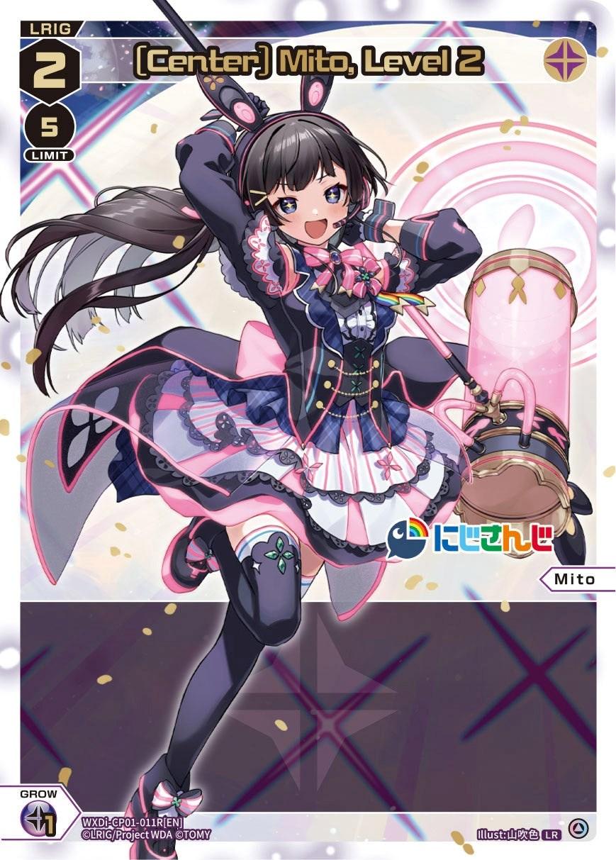 A vibrant trading card featuring Mito, a character in dark, frilly attire adorned with bows and ribbons. She wields a staff with a large pink gem, with a playful expression. Card details include 