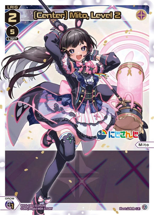 A vibrant trading card featuring Mito, a character in dark, frilly attire adorned with bows and ribbons. She wields a staff with a large pink gem, with a playful expression. Card details include "LRIG" level 2, power 5, and "Grow 1." Part of the [Center] Mito, Level 2 (LR) (WXDi-CP01-011R[EN]) [Collab Booster: Nijisanji Diva] series by TOMY.