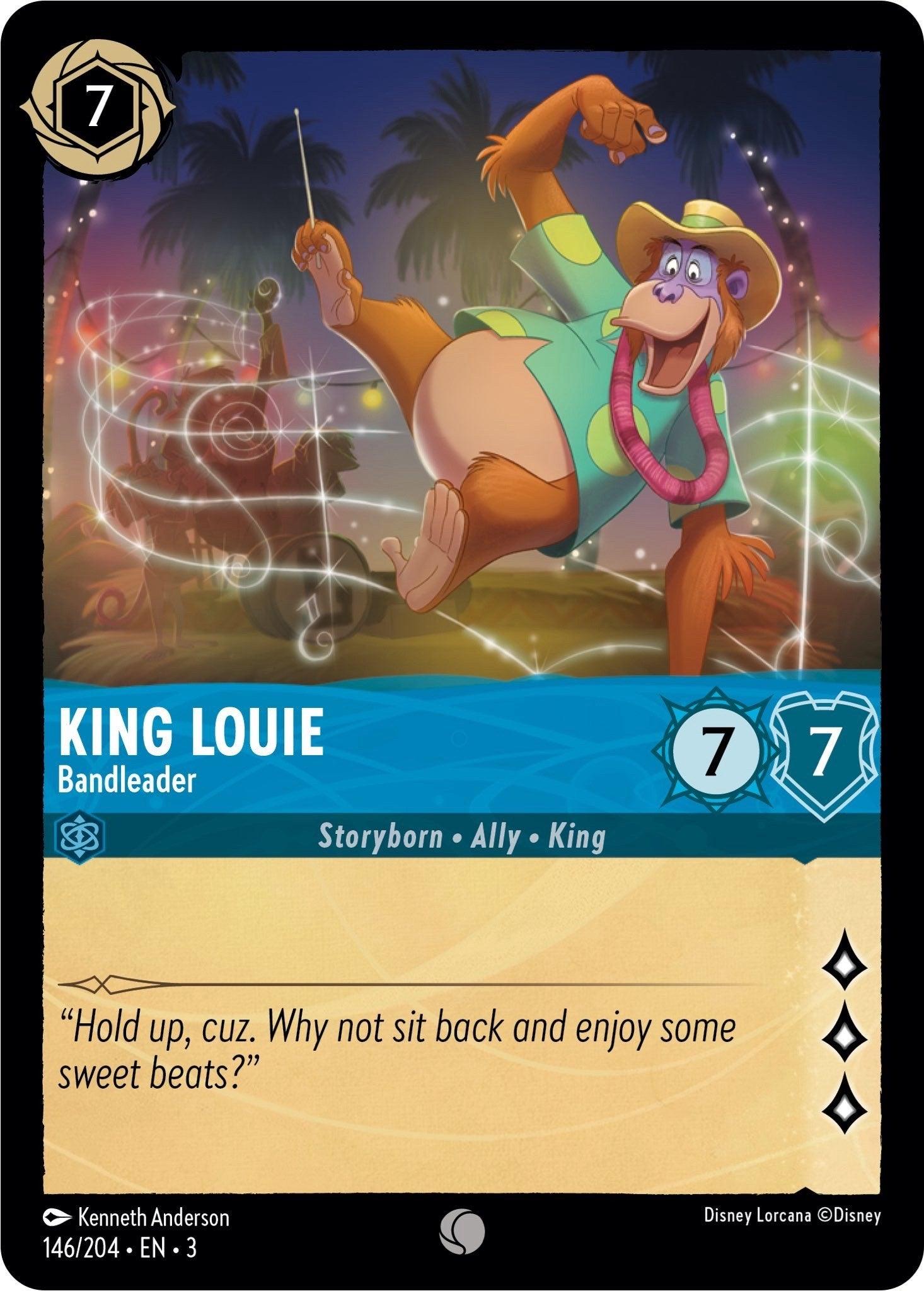 The King Louie - Bandleader card from Disney's Into the Inklands (146/204) shows the orangutan with a green hat and orange vest dancing energetically amidst musical notes and bright lights. It reads 