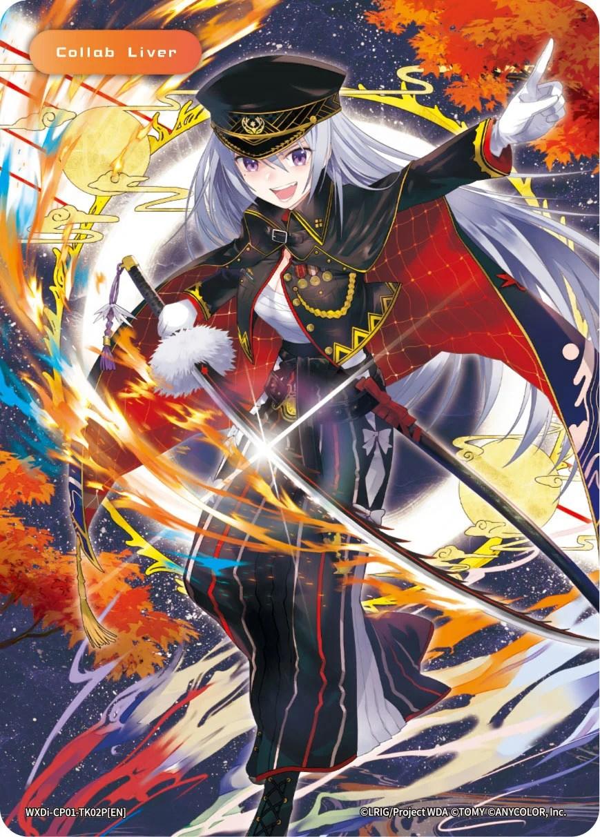 Anime-style character with long silver hair and bright eyes, dressed in a black military-inspired outfit with gold accents and a red cape. She stands confidently, surrounded by swirling energy and magic symbols, against a background of a large full moon and vibrant colors. Text: 