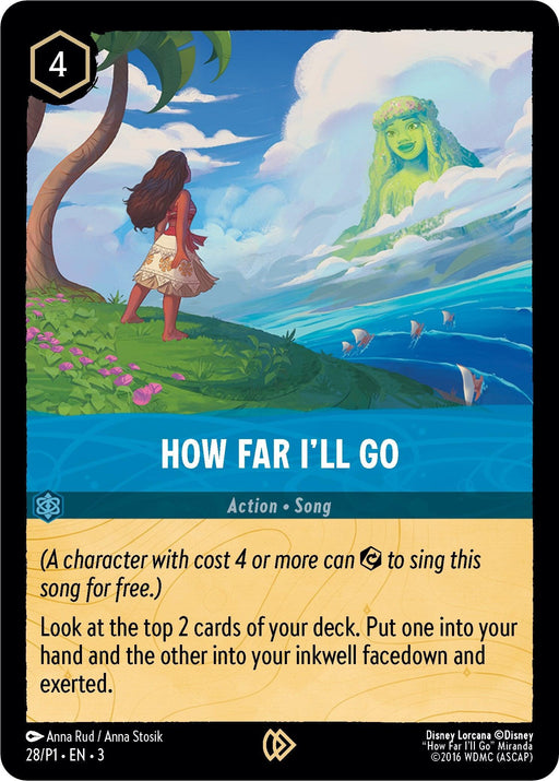 A Disney promo card featuring a young girl in a tropical dress, standing on grassy terrain, gazing at the ocean with a large island in the background. The heading reads "How Far I'll Go (28) [Promo Cards]" with action effects described below. The vibrant card art exudes a fantasy tropical atmosphere. Release Date: 2024-02-23.