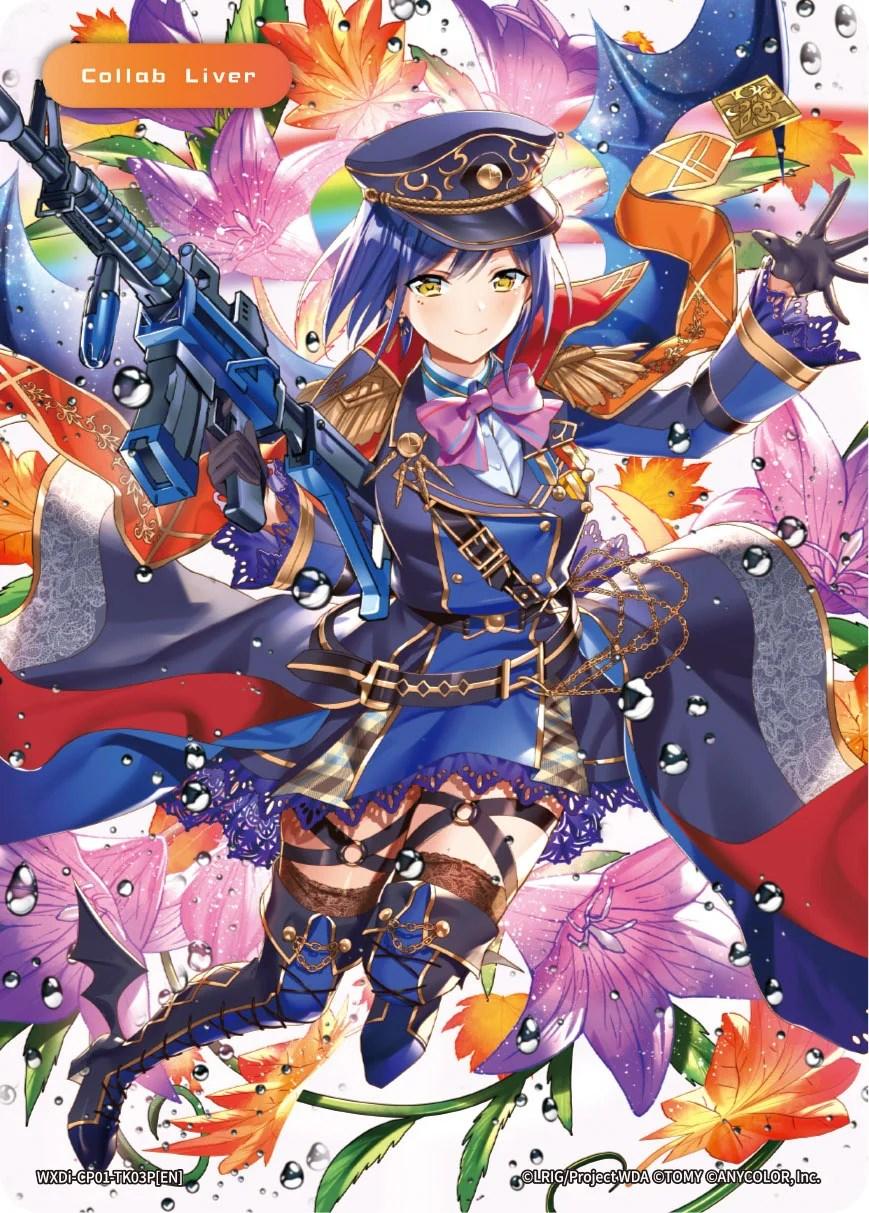 A colorful anime-style illustration features a dynamic character with short blue and red hair, donning a military-inspired outfit with a blue and gold theme. She wields a blue rifle while surrounded by vibrant flowers and water droplets. A banner in the top left corner reads 