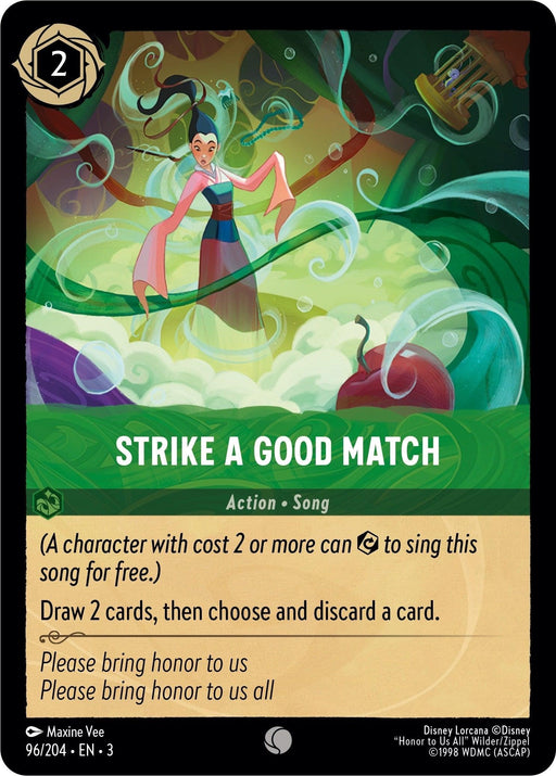 A new Disney Magic: The Gathering card from the "Into the Inklands" product release, titled "Strike a Good Match (96/204) [Into the Inklands]," is classified as an Action Song. It depicts a character in pink and blue traditional clothing, surrounded by swirling green smoke and match sticks. Costing 2 resources, it lets you draw two cards and discard one.