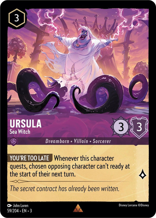 A Disney Lorcana card features Ursula - Sea Witch (59/204) [Into the Inklands], depicted as a Dreamborn Villain and Sorcerer. She costs 3 ink, with 3 strength and 3 willpower. The flavor text at the bottom states, "The secret contract has already been written." In the image, Ursula is surrounded by her dark tentacles and emits a menacing aura.