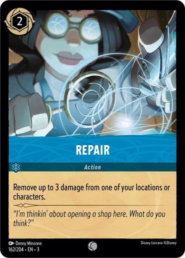 The Disney game card "Repair (162/204) [Into the Inklands]" features a character in goggles and a hat handling tools with swirling blueprints and a glowing gear. It states: "Remove up to 3 damage from one of your locations or characters." This is a common rarity card from the Inklands series.