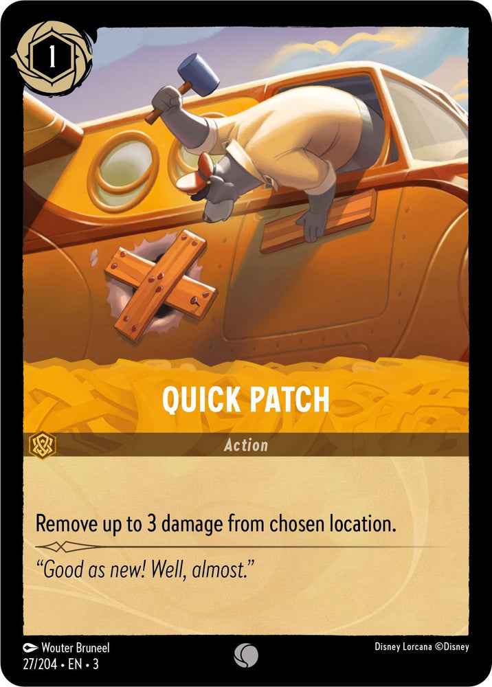 The "Quick Patch (27/204) [Into the Inklands]" card by Disney features a wolf wearing pilot gear, fixing an orange airplane in a desert with a wooden patch and hammer. The plane is partially buried, and the card text says, "Remove up to 3 damage from chosen location.