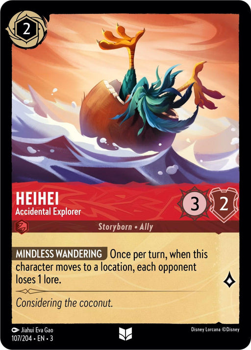A character card from Disney featuring "HeiHei - Accidental Explorer (107/204) [Into the Inklands]." The card shows HeiHei in a coconut shell, looking dazed on a red and white swirling background. With 3 strength, 2 willpower, and costing 2 ink, his ability "Mindless Wandering" causes opponents to lose 1 lore when he moves. Illustrated by Jiahui Eva Gao.