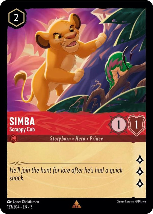 A rare card from Disney Lorcana featuring Simba titled "Simba - Scrappy Cub (123/204) [Into the Inklands]." It has a cost of 2, a strength of 1, and a willpower of 1. The card shows Simba reaching for a bug on a branch. The flavor text reads: "He'll join the hunt for lore after he's had a quick snack.