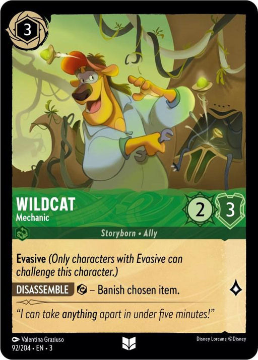 A Disney Lorcana trading card featuring the character "Wildcat - Mechanic (92/204) [Into the Inklands]." Wildcat stands in front of a workbench with tools, ready for action. The card shows stats: cost 3, strength 2, and willpower 3, with abilities "Evasive" and "Disassemble." Artwork by Valentina Graizuso.