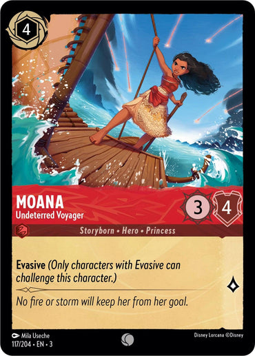 The Disney card "Moana - Undeterred Voyager (117/204) [Into the Inklands]" depicts Moana on a raft confidently navigating stormy seas, hair flowing and dressed in traditional attire. A blue-red gradient border accentuates her Evasive abilities and attributes.