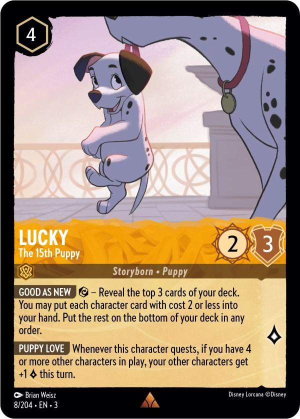 A rare trading card titled "Lucky - The 15th Puppy (8/204) [Into the Inklands]." It features a small, white dog with black spots, smiling and jumping near a larger dog's legs. The card has a yellow border and two abilities: "Good as New" and "Puppy Love." It is numbered 8/204 and created by Brian Weisz for Disney.