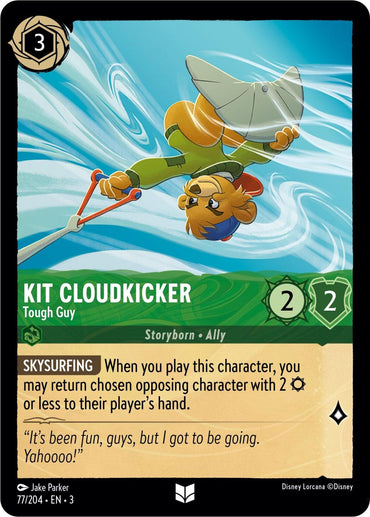 A Disney Lorcana trading card named "Kit Cloudkicker - Tough Guy" (77/204) from the "Into the Inklands" set. The card illustrates Kit Cloudkicker skysurfing on a cloud and boasts 2 attack and 2 defense stats. It costs 3 to play and comes with the skysurfing ability, which allows you to return a character with 2 or less back to an opponent's hand.