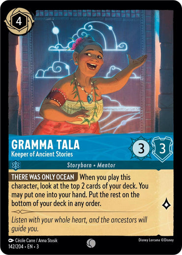 A card from Disney Lorcana, "Into the Inklands," featuring Gramma Tala - Keeper of Ancient Stories (142/204). With a cost of 4 and stats of 3/3, it shows a smiling woman with grey hair adorned with a flower and wearing a necklace. Special abilities include "There Was Only Ocean" and flavor text about listening to ancestors.