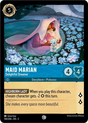 The image shows a Disney Lorcana card featuring Maid Marian - Delightful Dreamer. This Highborn Lady, as a fox in a purple gown with blue roses, has a power of 4, defense of 4, and can alter another character's strength.