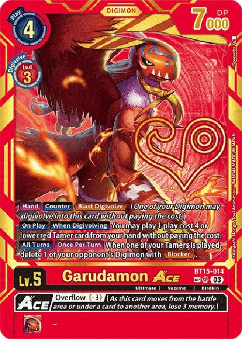 A red and yellow card from the Digimon trading card game, labeled as "Garudamon Ace (Special Rare) [BT15-014] [Exceed Apocalypse]," showcases a powerful bird-like creature with flaming wings. This Special Rare card has a play cost of 4 and 7000 DP. Classified as a birdkin Digimon, it features various abilities and rules around the edges.