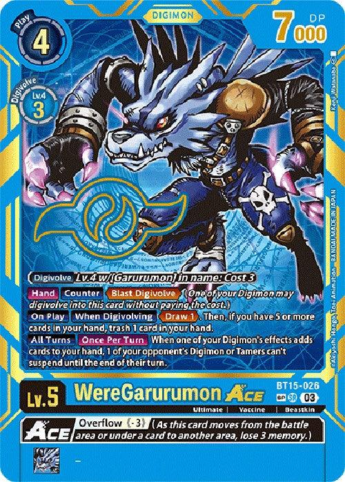 A Digimon "WereGarurumon Ace (Special Rare) [BT15-026] [Exceed Apocalypse]" trading card is shown. The card features a blue and white wolf-like creature with armor and claws. Key details include Level 5, a 7000 DP, and a play cost of 4. Special abilities text is prominently displayed, with intricate background designs enhancing its Digivolve potential.