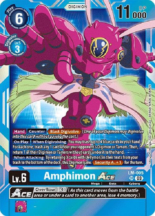 A Super Rare Digimon card featuring Amphimon Ace [LM-005] (English Exclusive) [Exceed Apocalypse]. The card depicts a pink cyborg-like Digimon with sharp claws, wings, and a fierce expression against a blue and white background. With its level (Lv. 6), play cost (6), power (11000 DP), and card number LM-005, it includes various abilities and effects for Digivolve strategies.
