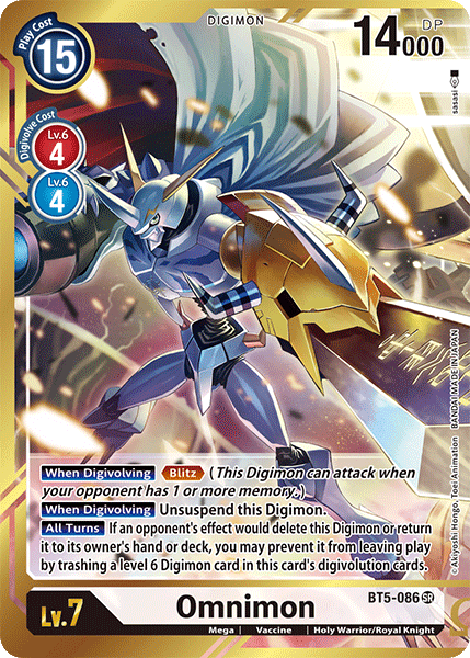 This Super Rare Digimon trading card, Omnimon [BT5-086] (Alternate Art - Sasasi) [Battle of Omni], features Omnimon, a Holy Warrior/Royal Knight adorned in silver and blue armor, brandishing a sword and a shield. The card displays stats like a play cost of 15, 14,000 DP, level 7, and various abilities. The background is a dynamic mix of purple and blue tones.
