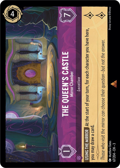 A vertically-oriented card from the game "Disney Villainous" shows "The Queen's Castle - Mirror Chamber (67/204) [Into the Inklands]" in a detailed and colorful illustration. The chamber features an ornate mirror and elegant architecture. The card text includes strategic game instructions for Using the Mirror and how to draw a card.