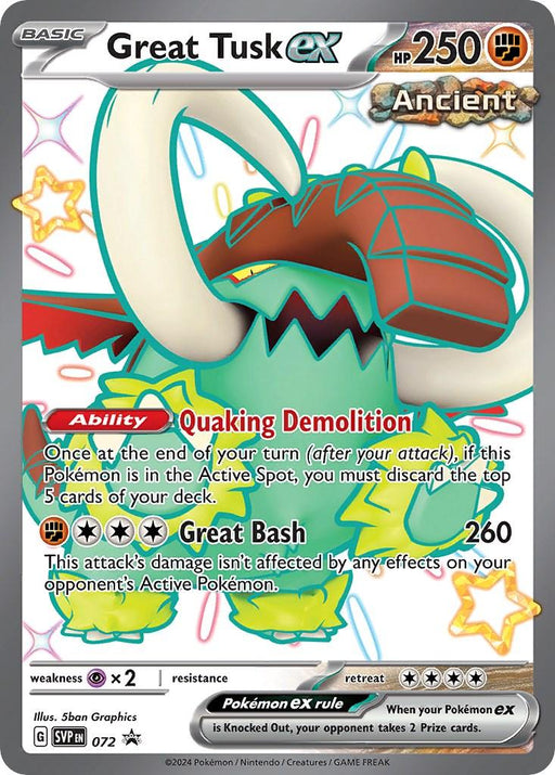 A Pokémon trading card featuring Great Tusk ex (072) [Scarlet & Violet: Black Star Promos] with 250 HP. This Pokémon has "Ancient" as its descriptor. Its abilities include "Quaking Demolition" and "Great Bash," which deals 260 damage. The card showcases vibrant artwork of the tusked Pokémon against a dynamic background.