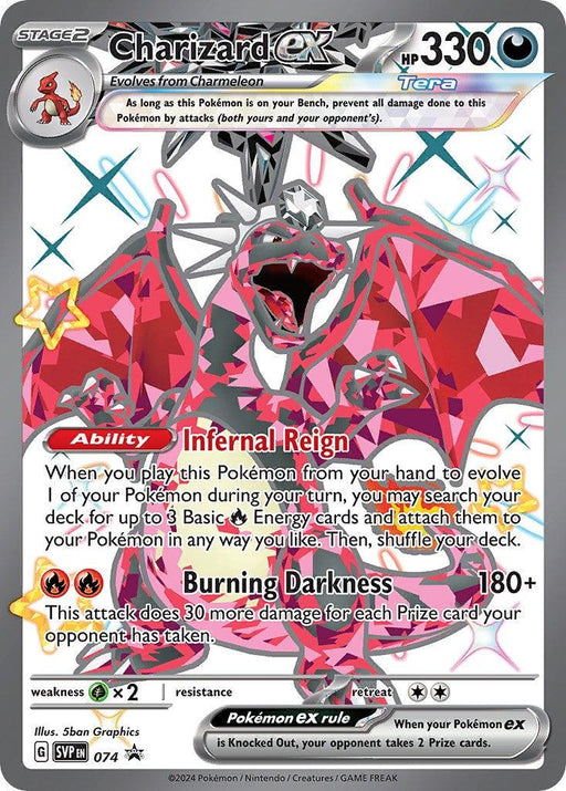 A Pokémon card for "Charizard ex (074) [Scarlet & Violet: Black Star Promos]" with a pink and silver border. Charizard's artwork showcases an aggressive stance with red flames, highlighting its dynamic pose. Part of the Pokémon Black Star Promos series, it details moves: Infernal Reign and Burning Darkness. With 330 HP, it evolves from Charmeleon.