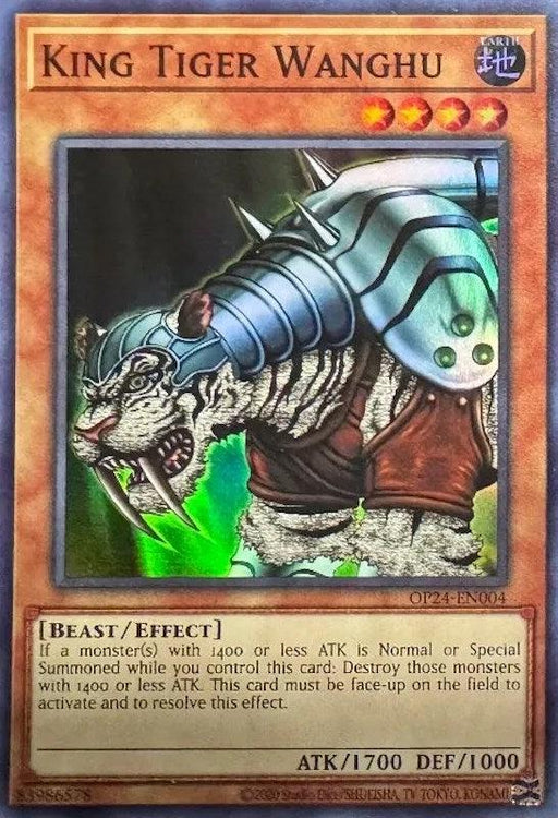 A Super Rare Yu-Gi-Oh! trading card titled "King Tiger Wanghu [OP24-EN004] Super Rare." The card features an armored tiger with mechanical enhancements, ready to attack. As an OTS Tournament Pack 24 Effect Monster, it destroys monsters with 1400 or less ATK. The card's stats are ATK 1700 and DEF 1000.