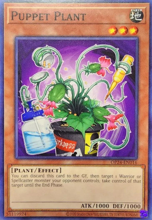 A Yu-Gi-Oh! trading card named "Puppet Plant [OP24-EN016] Common" from OTS Tournament Pack 24. It shows a green, twisted plant emerging from a potted soil. The plant has menacing red eyes and thorny vines, one holding a syringe. This EARTH Effect Monster has ATK 1000 and DEF 1000, with the