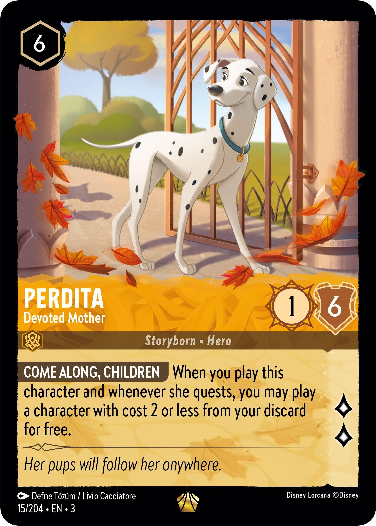 A legendary card from the Disney Lorcana trading card game represents Perdita - Devoted Mother (15/204) [Into the Inklands]. The 6-cost card has 1 attack and 6 defense, featuring a Dalmatian with the ability 