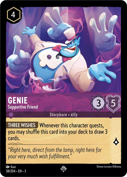 A Disney Lorcana trading card featuring Genie - Supportive Friend (38/204) [Into the Inklands]. The Super Rare card costs 4 and boasts stats of 3/5. Its ability "Three Wishes" lets you shuffle it back into the deck to draw 3 cards. Flavor text: "Right here, direct from the lamp, right here for your very much wish fulfillment.